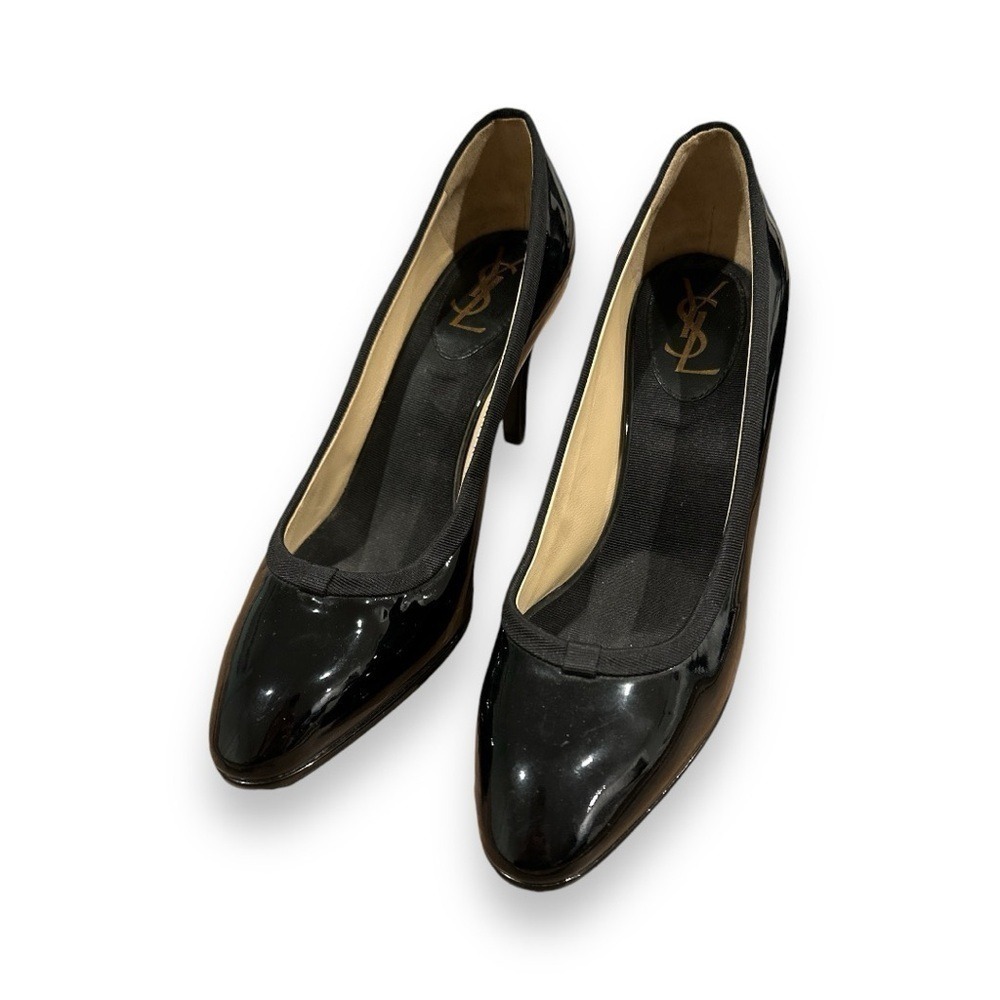 Yves Saint Laurent Black Patent Leather Almond Toe Pumps Grosgrain Trim 37.5 - Picture 4 of 11